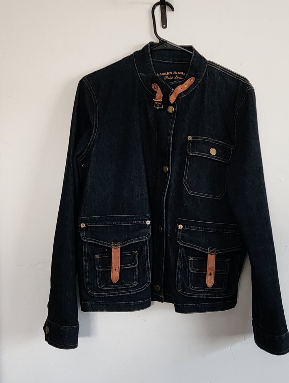 Ralph Lauren Dark Indigo Denim Field Jacket with Tan Leather Trim